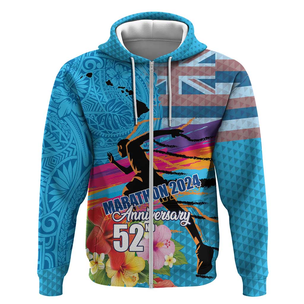 Honolulu Anniversary 52nd Running Hoodie Marathon Competition Kakau Pattern Blue Color LT03 Zip Hoodie Blue - Polynesian Pride
