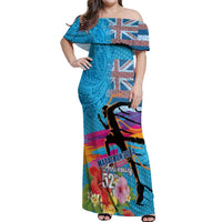 Honolulu Anniversary 52nd Running Off Shoulder Maxi Dress Marathon Competition Kakau Pattern Blue Color