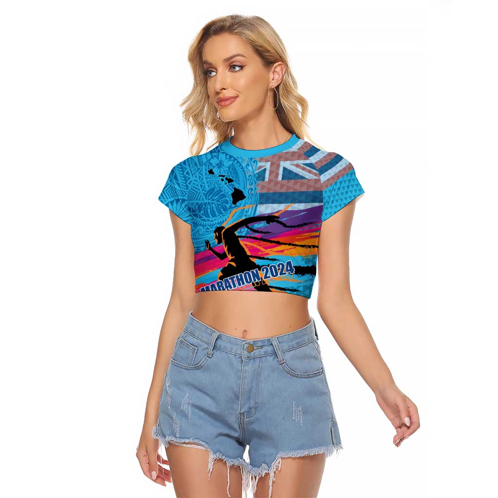 Honolulu Anniversary 52nd Running Raglan Cropped T Shirt Marathon Competition Kakau Pattern Blue Color