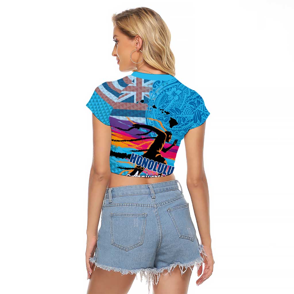 Honolulu Anniversary 52nd Running Raglan Cropped T Shirt Marathon Competition Kakau Pattern Blue Color