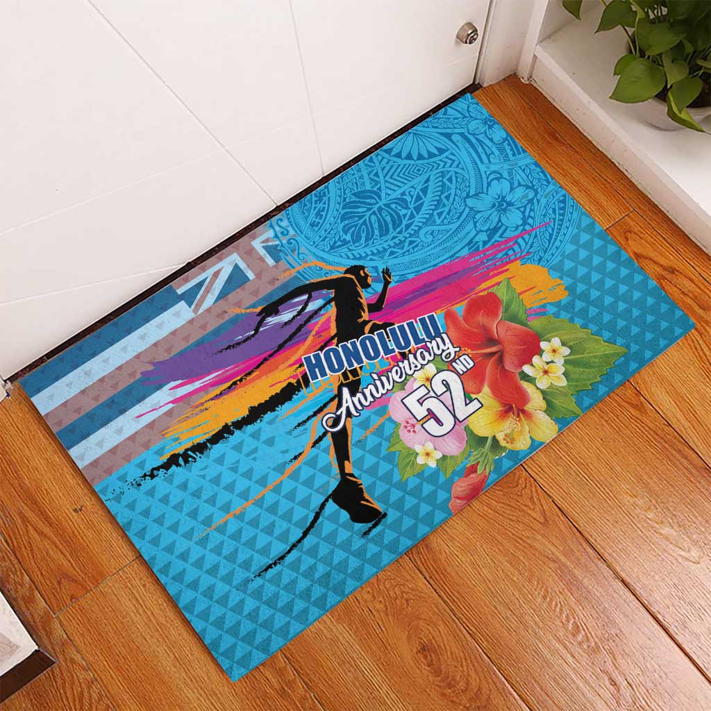 Honolulu Anniversary 52nd Running Rubber Doormat Marathon Competition Kakau Pattern Blue Color