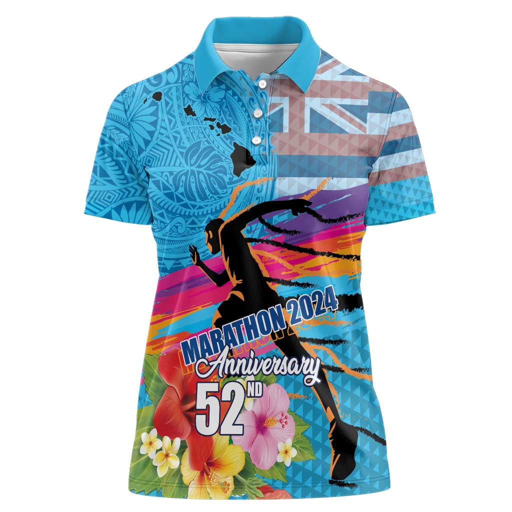 Honolulu Anniversary 52nd Running Women Polo Shirt Marathon Competition Kakau Pattern Blue Color