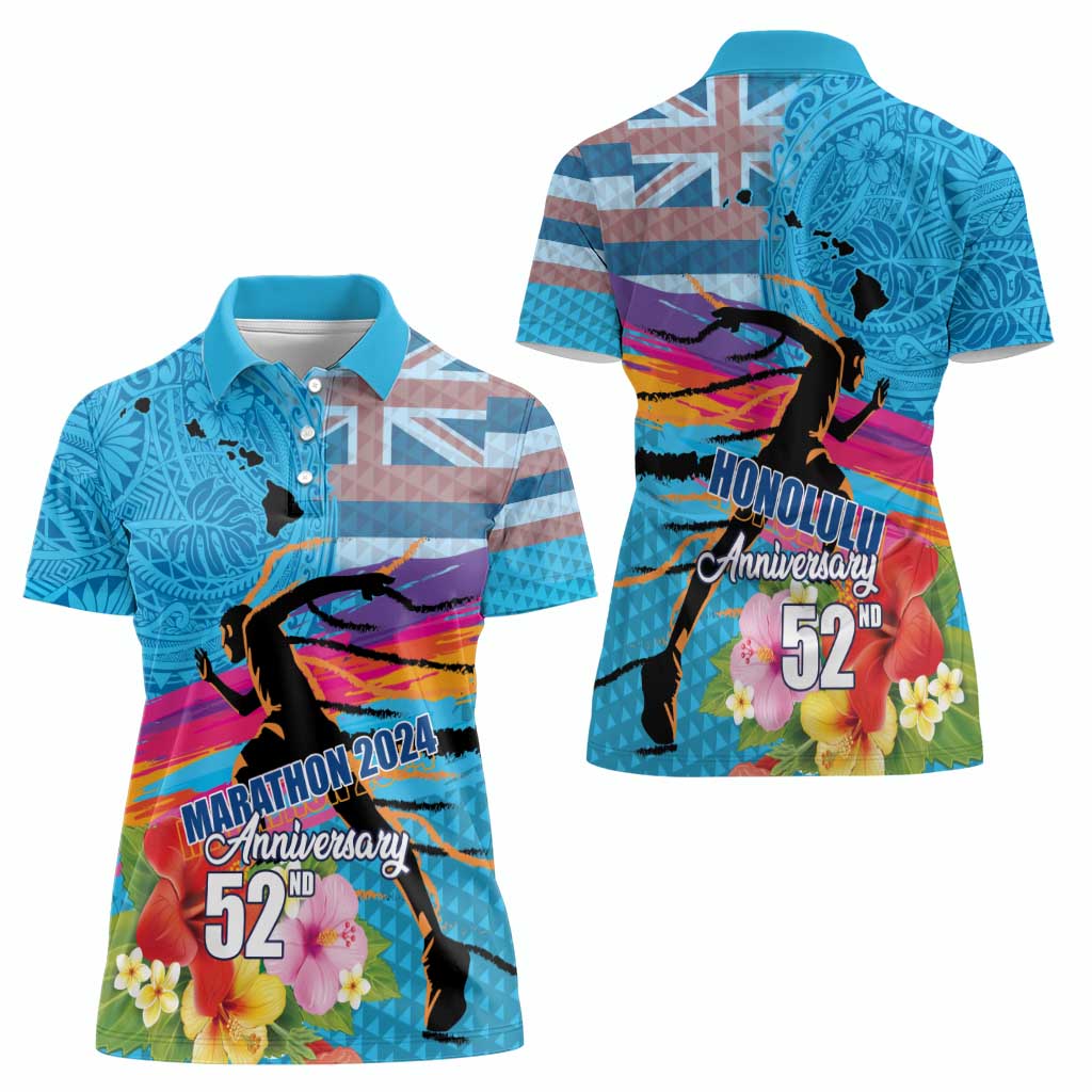 Honolulu Anniversary 52nd Running Women Polo Shirt Marathon Competition Kakau Pattern Blue Color