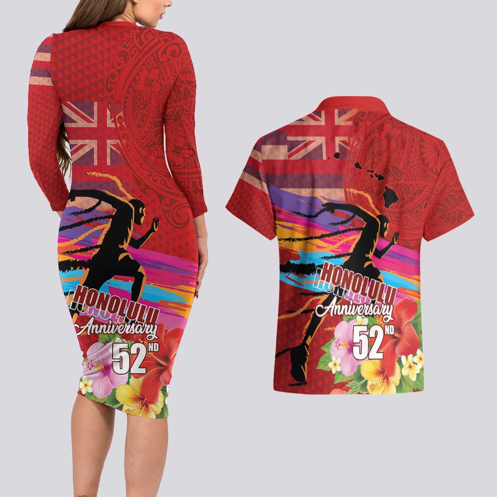 Honolulu Anniversary 52nd Running Couples Matching Long Sleeve Bodycon Dress and Hawaiian Shirt Marathon Competition Kakau Pattern Red Color LT03 - Polynesian Pride
