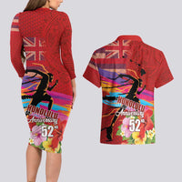Honolulu Anniversary 52nd Running Couples Matching Long Sleeve Bodycon Dress and Hawaiian Shirt Marathon Competition Kakau Pattern Red Color LT03 - Polynesian Pride
