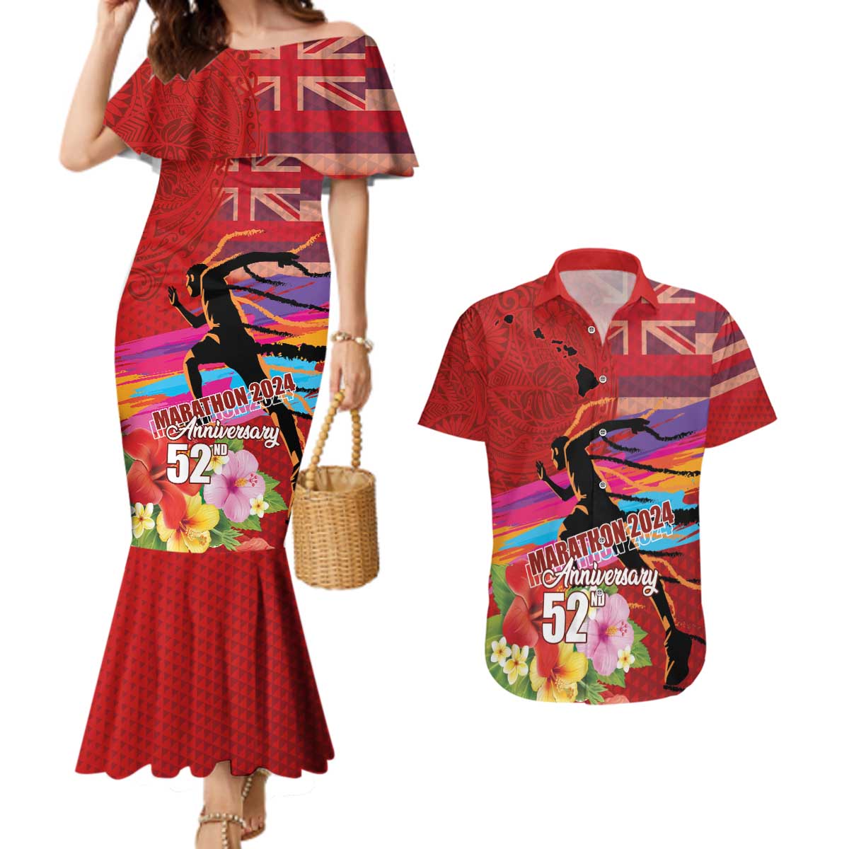 Honolulu Anniversary 52nd Running Couples Matching Mermaid Dress and Hawaiian Shirt Marathon Competition Kakau Pattern Red Color LT03 Red - Polynesian Pride