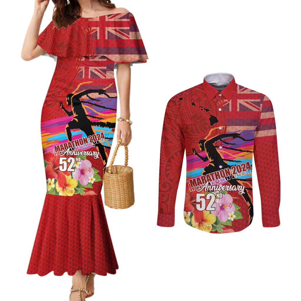 Honolulu Anniversary 52nd Running Couples Matching Mermaid Dress and Long Sleeve Button Shirt Marathon Competition Kakau Pattern Red Color