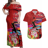 Honolulu Anniversary 52nd Running Couples Matching Off Shoulder Maxi Dress and Hawaiian Shirt Marathon Competition Kakau Pattern Red Color LT03 Red - Polynesian Pride