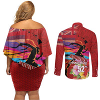 Honolulu Anniversary 52nd Running Couples Matching Off Shoulder Short Dress and Long Sleeve Button Shirt Marathon Competition Kakau Pattern Red Color