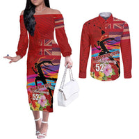 Honolulu Anniversary 52nd Running Couples Matching Off The Shoulder Long Sleeve Dress and Long Sleeve Button Shirt Marathon Competition Kakau Pattern Red Color