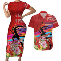 Honolulu Anniversary 52nd Running Couples Matching Short Sleeve Bodycon Dress and Hawaiian Shirt Marathon Competition Kakau Pattern Red Color LT03 Red - Polynesian Pride