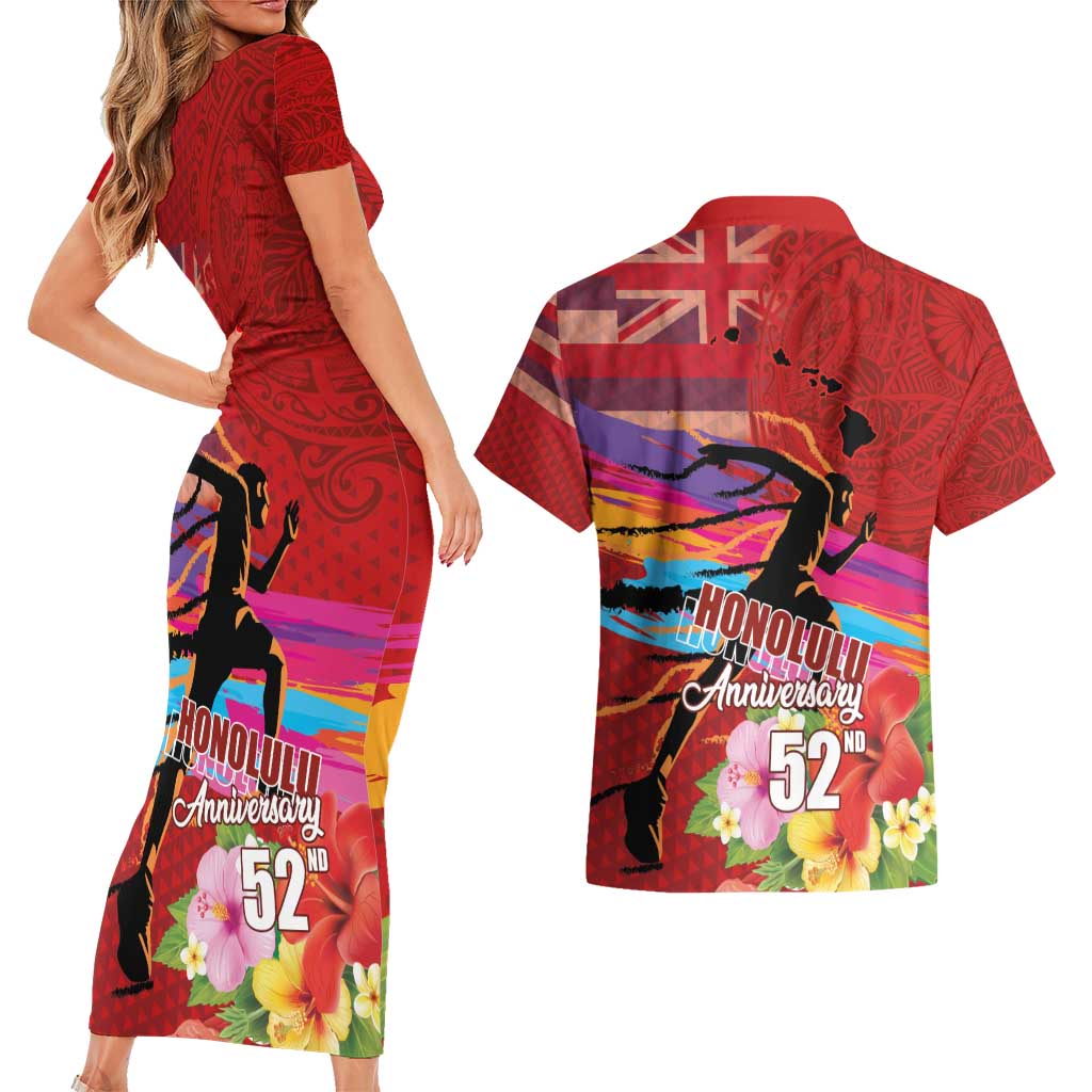Honolulu Anniversary 52nd Running Couples Matching Short Sleeve Bodycon Dress and Hawaiian Shirt Marathon Competition Kakau Pattern Red Color LT03 - Polynesian Pride