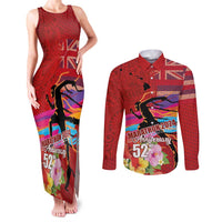 Honolulu Anniversary 52nd Running Couples Matching Tank Maxi Dress and Long Sleeve Button Shirt Marathon Competition Kakau Pattern Red Color