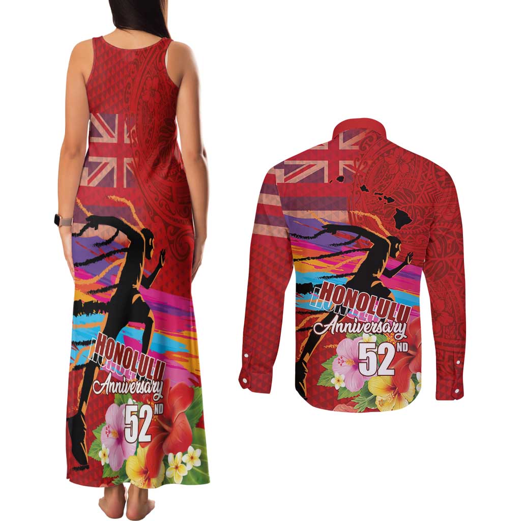 Honolulu Anniversary 52nd Running Couples Matching Tank Maxi Dress and Long Sleeve Button Shirt Marathon Competition Kakau Pattern Red Color