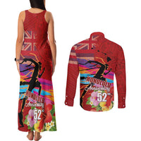 Honolulu Anniversary 52nd Running Couples Matching Tank Maxi Dress and Long Sleeve Button Shirt Marathon Competition Kakau Pattern Red Color