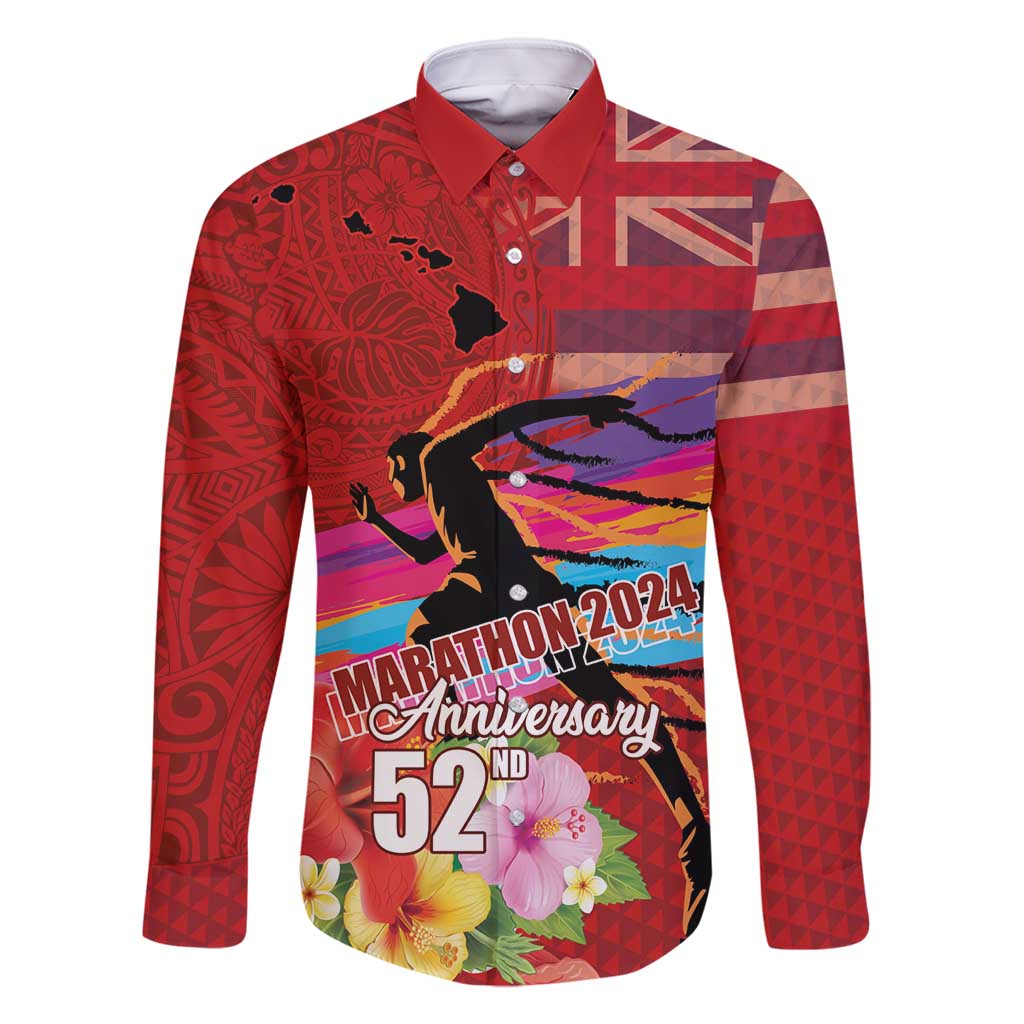 Honolulu Anniversary 52nd Running Family Matching Long Sleeve Bodycon Dress and Hawaiian Shirt Marathon Competition Kakau Pattern Red Color