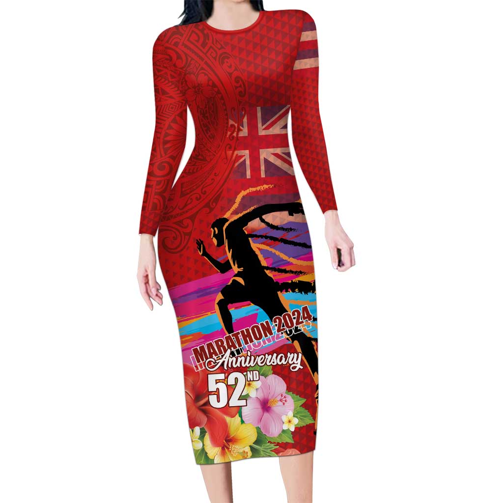 Honolulu Anniversary 52nd Running Family Matching Long Sleeve Bodycon Dress and Hawaiian Shirt Marathon Competition Kakau Pattern Red Color