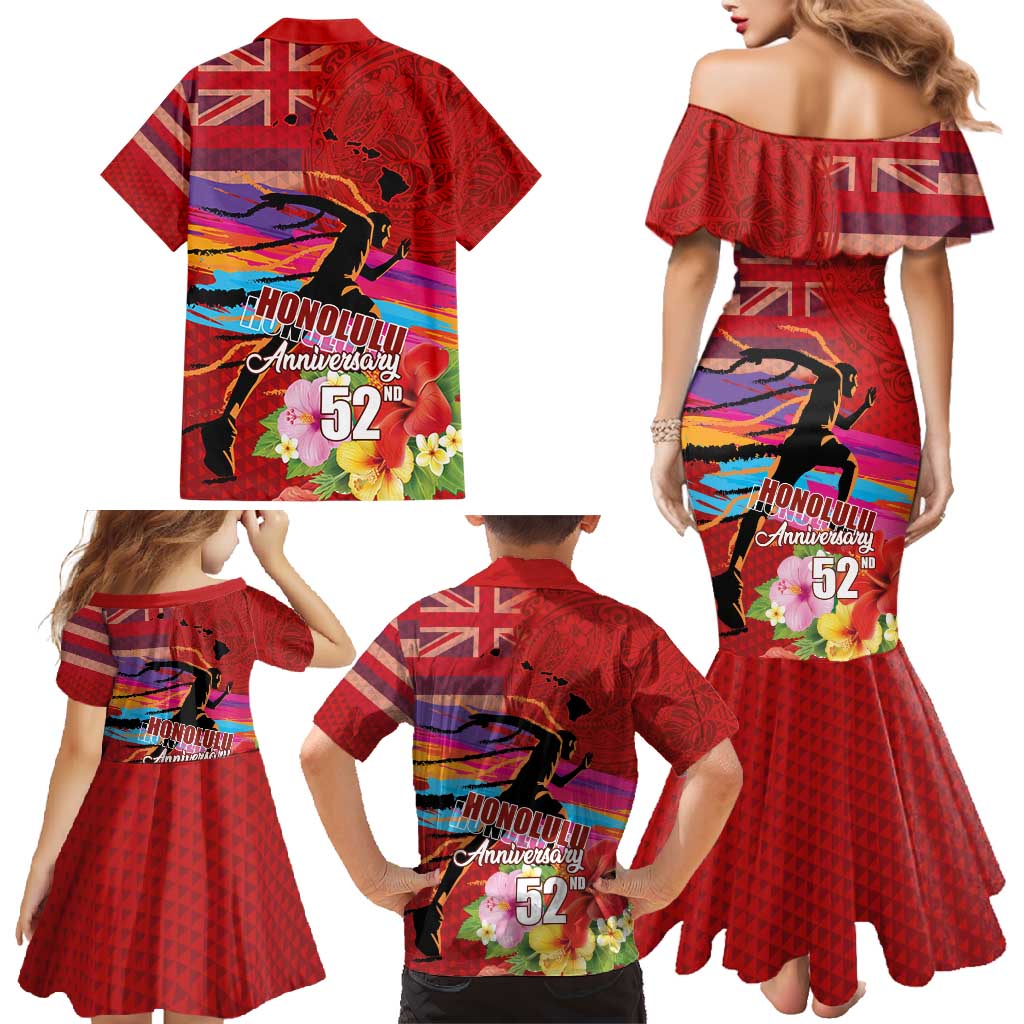 Honolulu Anniversary 52nd Running Family Matching Mermaid Dress and Hawaiian Shirt Marathon Competition Kakau Pattern Red Color LT03 - Polynesian Pride