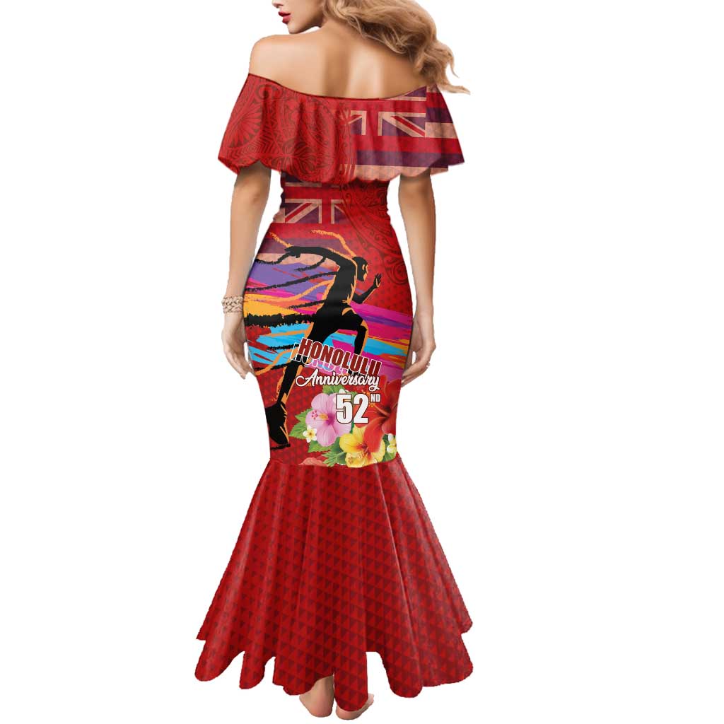 Honolulu Anniversary 52nd Running Family Matching Mermaid Dress and Hawaiian Shirt Marathon Competition Kakau Pattern Red Color LT03 - Polynesian Pride