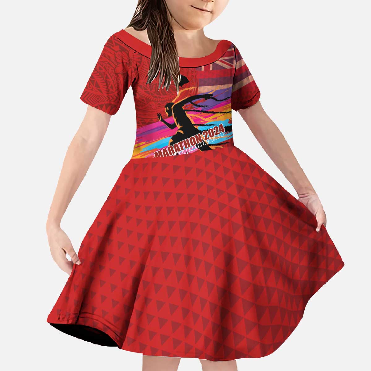 Honolulu Anniversary 52nd Running Family Matching Off The Shoulder Long Sleeve Dress and Hawaiian Shirt Marathon Competition Kakau Pattern Red Color LT03 Daughter's Dress Red - Polynesian Pride
