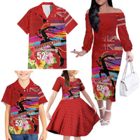 Honolulu Anniversary 52nd Running Family Matching Off The Shoulder Long Sleeve Dress and Hawaiian Shirt Marathon Competition Kakau Pattern Red Color LT03 - Polynesian Pride