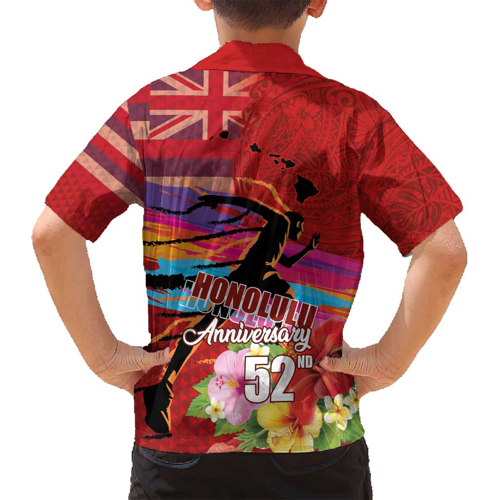 Honolulu Anniversary 52nd Running Family Matching Off Shoulder Maxi Dress and Hawaiian Shirt Marathon Competition Kakau Pattern Red Color LT03 - Polynesian Pride
