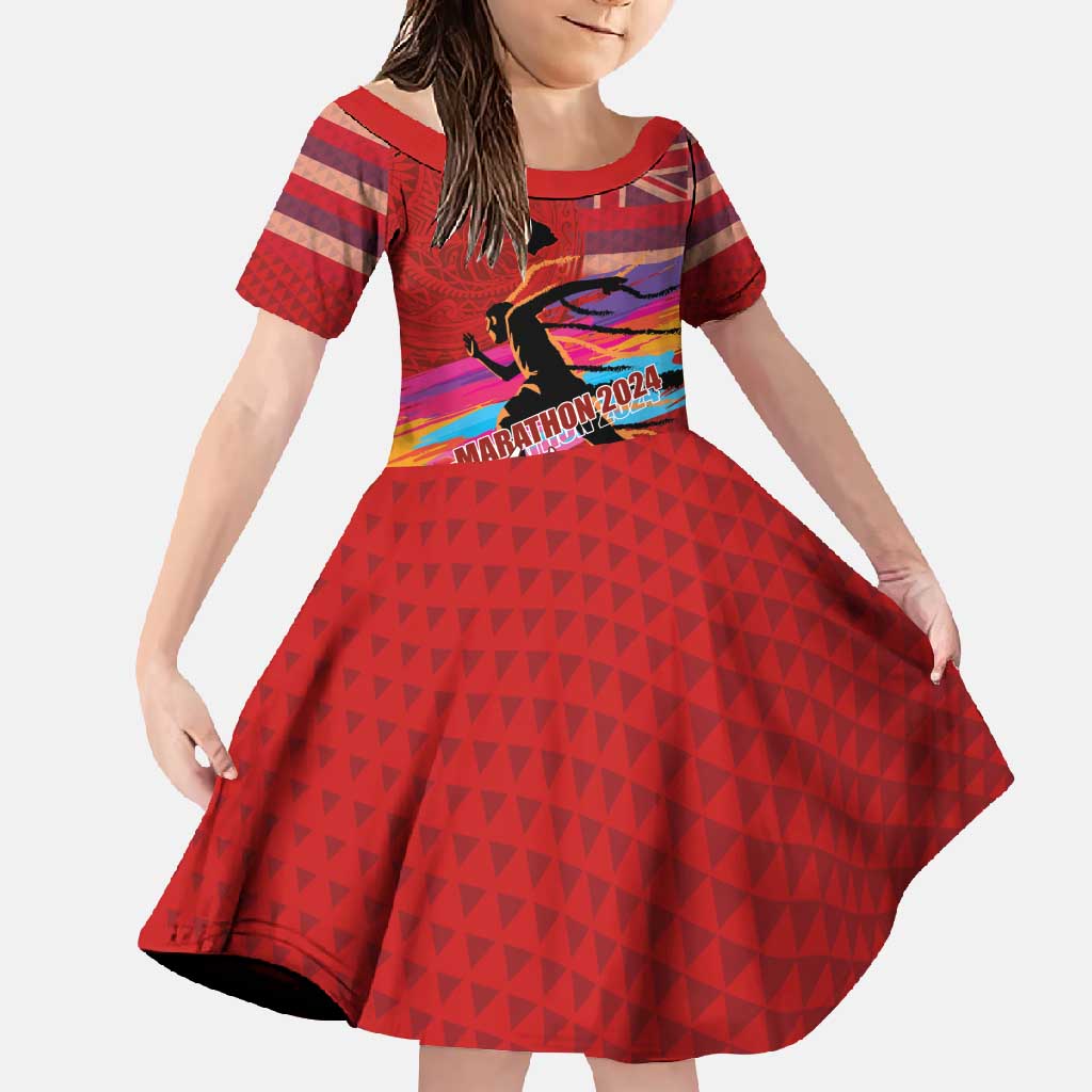 Honolulu Anniversary 52nd Running Family Matching Off Shoulder Maxi Dress and Hawaiian Shirt Marathon Competition Kakau Pattern Red Color LT03 Daughter's Dress Red - Polynesian Pride