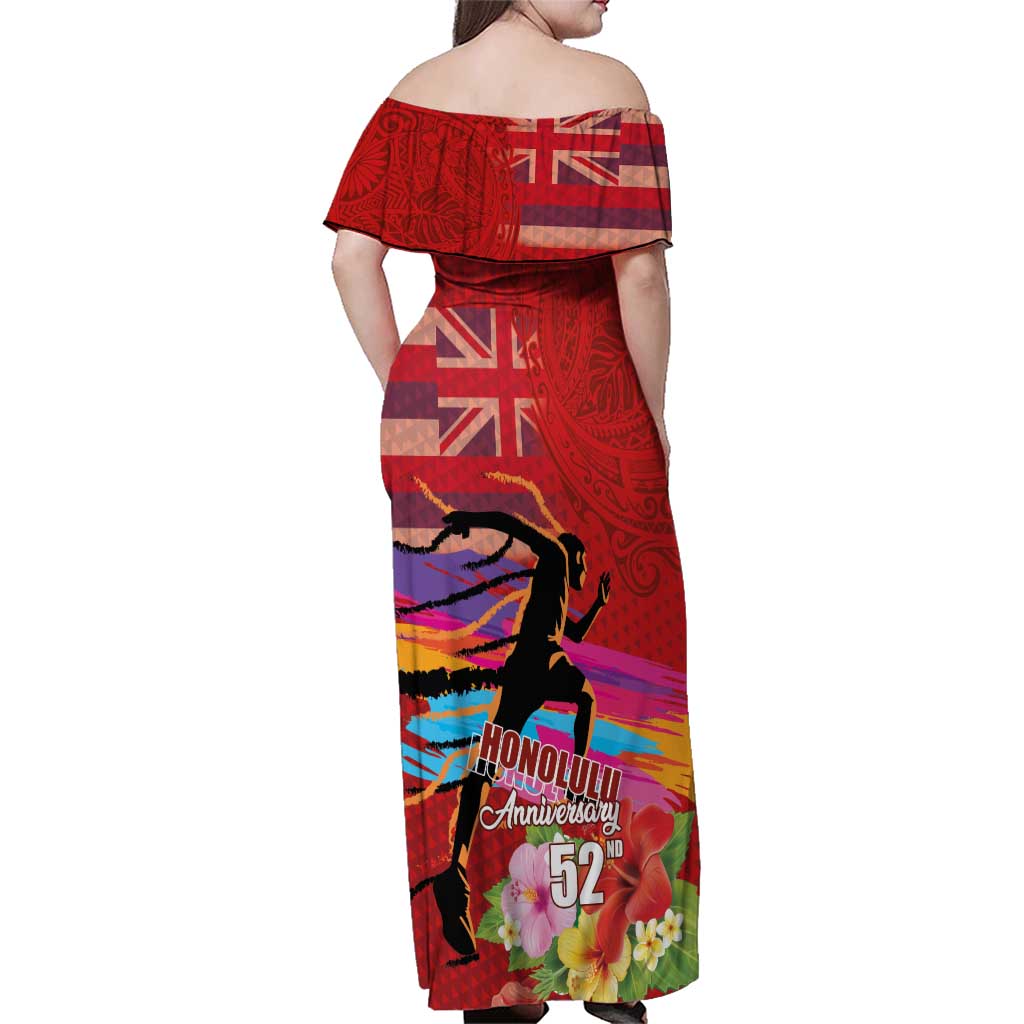 Honolulu Anniversary 52nd Running Family Matching Off Shoulder Maxi Dress and Hawaiian Shirt Marathon Competition Kakau Pattern Red Color LT03 - Polynesian Pride