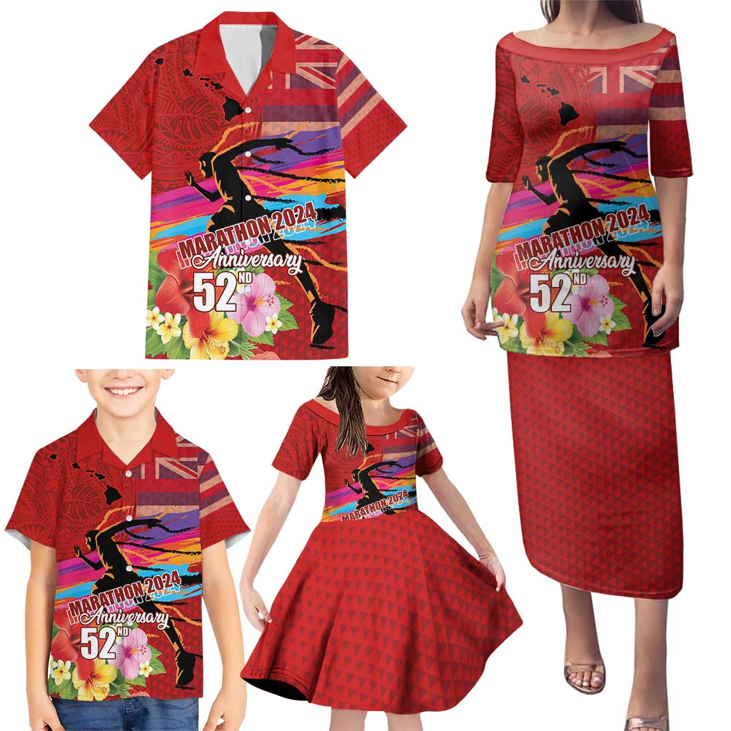 Honolulu Anniversary 52nd Running Family Matching Puletasi and Hawaiian Shirt Marathon Competition Kakau Pattern Red Color LT03 - Polynesian Pride