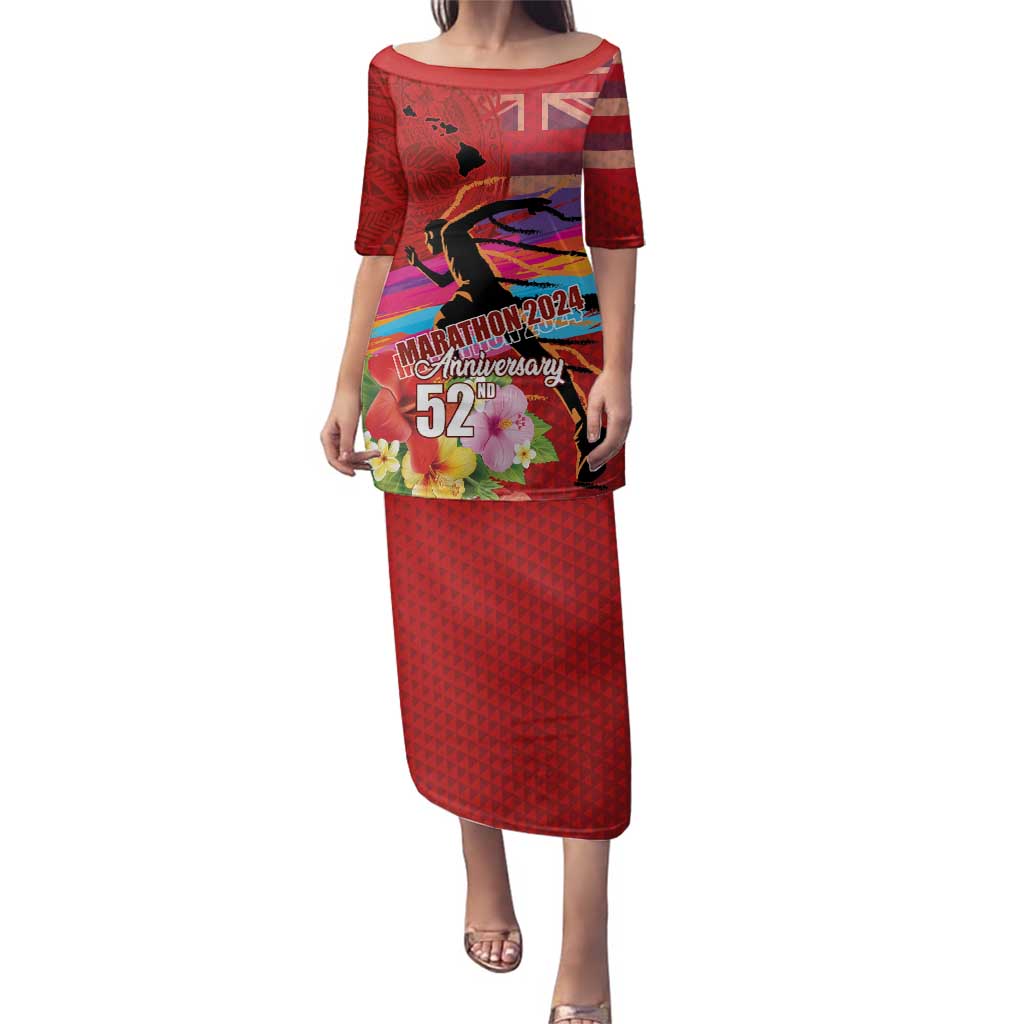 Honolulu Anniversary 52nd Running Family Matching Puletasi and Hawaiian Shirt Marathon Competition Kakau Pattern Red Color LT03 Mom's Dress Red - Polynesian Pride