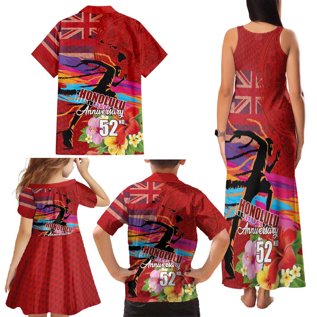 Honolulu Anniversary 52nd Running Family Matching Tank Maxi Dress and Hawaiian Shirt Marathon Competition Kakau Pattern Red Color