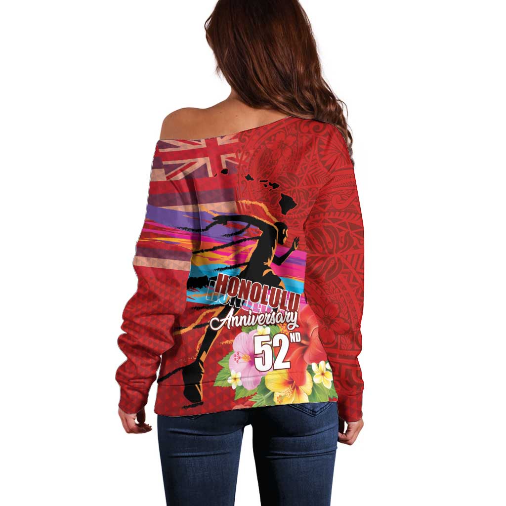 Honolulu Anniversary 52nd Running Off Shoulder Sweater Marathon Competition Kakau Pattern Red Color LT03 - Polynesian Pride