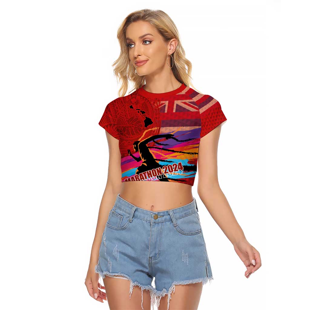 Honolulu Anniversary 52nd Running Raglan Cropped T Shirt Marathon Competition Kakau Pattern Red Color
