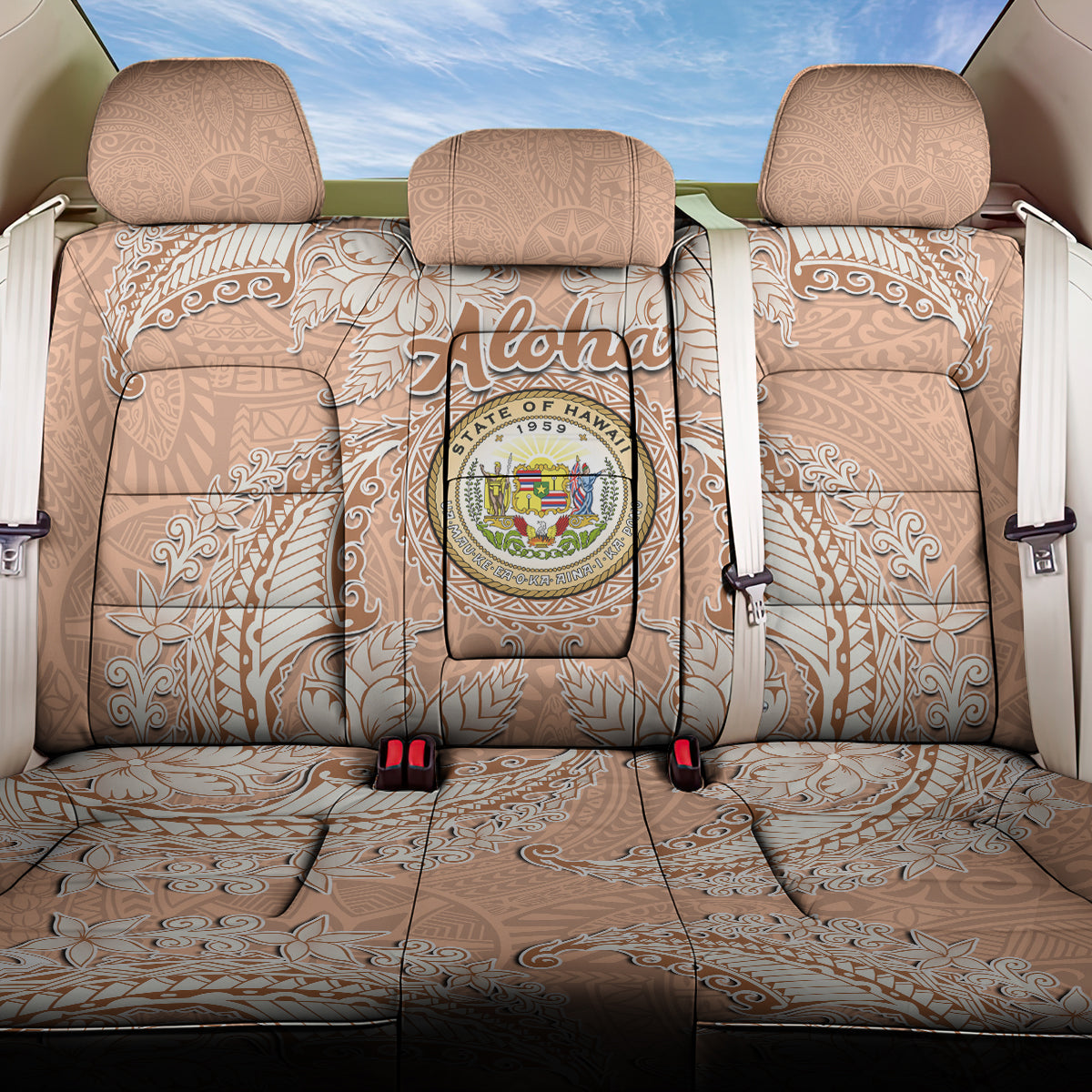 Hawaii Tropical Flowers with Kakau Tribal Back Car Seat Cover Peach Fuzz Color LT03 One Size Peach Fuzz - Polynesian Pride