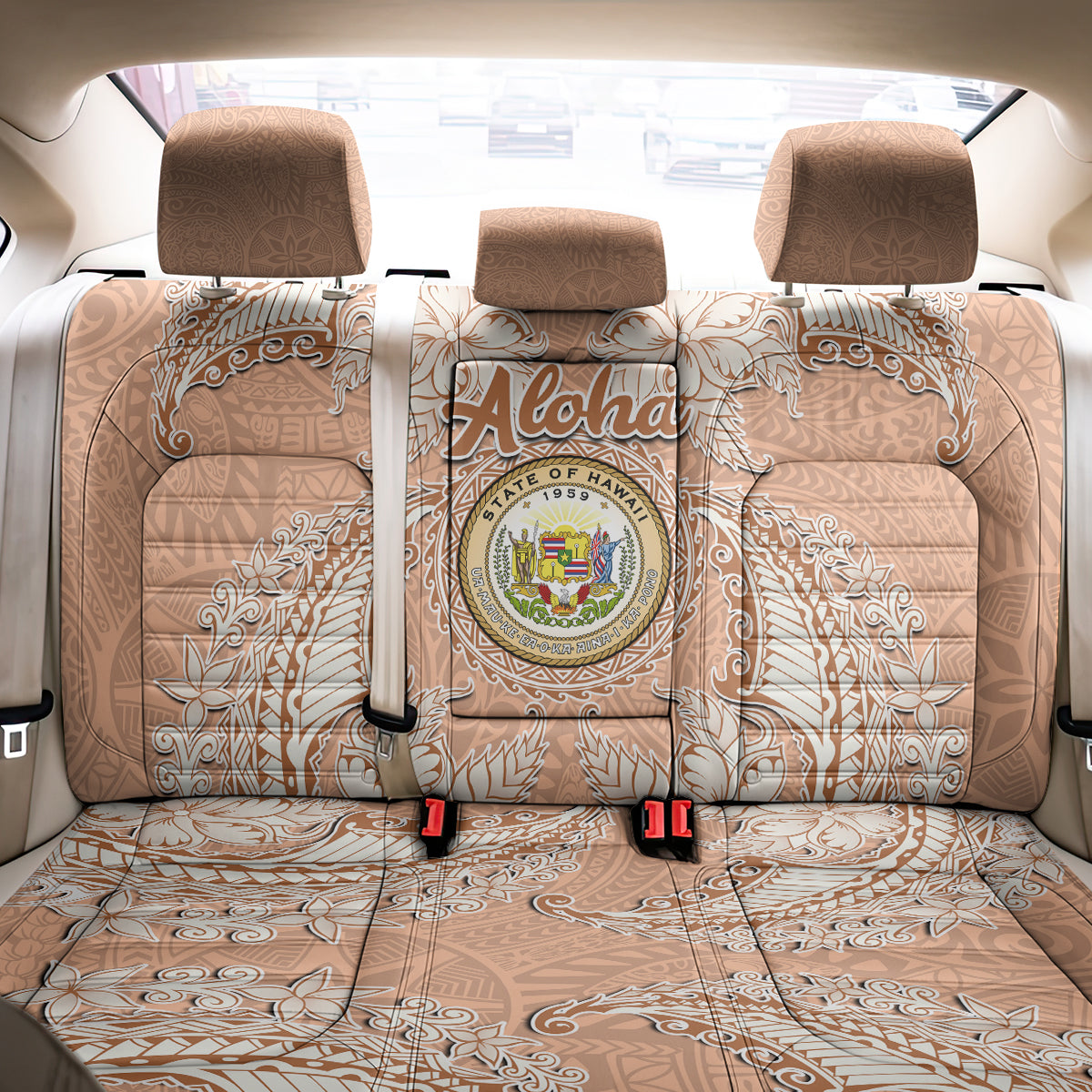 Hawaii Tropical Flowers with Kakau Tribal Back Car Seat Cover Peach Fuzz Color LT03 - Polynesian Pride