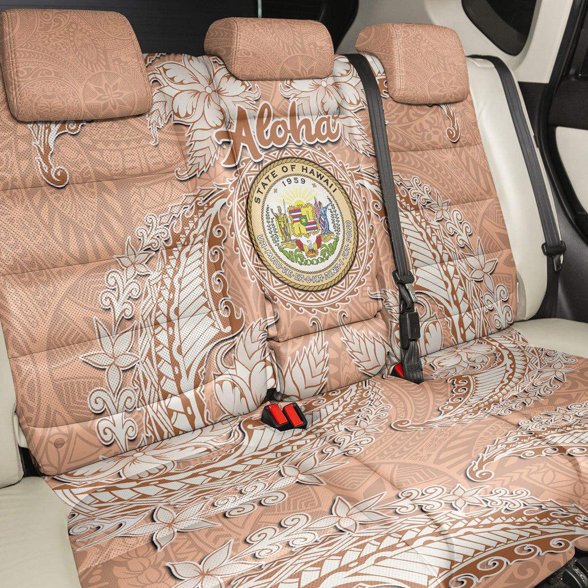 Hawaii Tropical Flowers with Kakau Tribal Back Car Seat Cover Peach Fuzz Color LT03 - Polynesian Pride