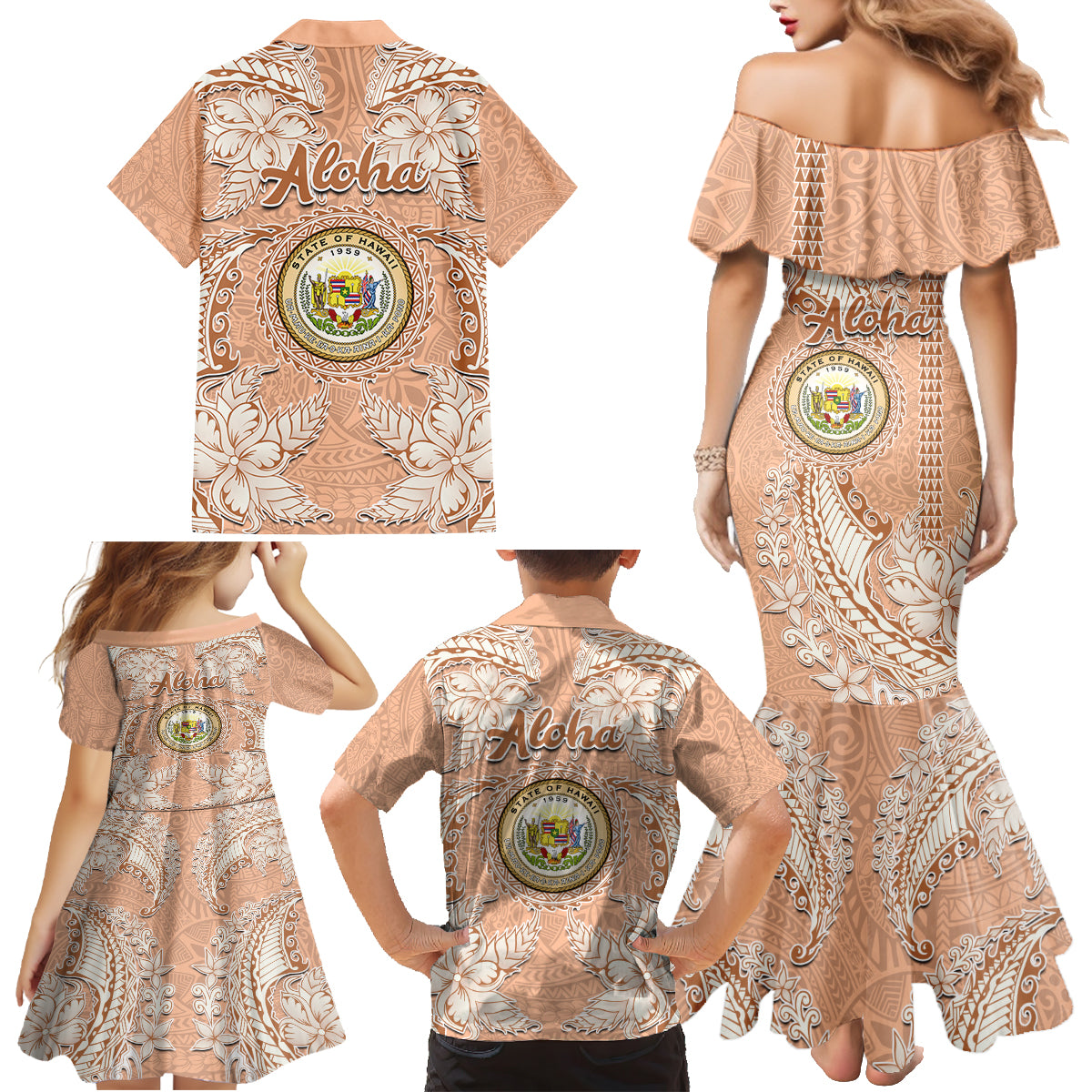 Hawaii Tropical Flowers with Kakau Tribal Family Matching Mermaid Dress and Hawaiian Shirt Peach Fuzz Color LT03 - Polynesian Pride