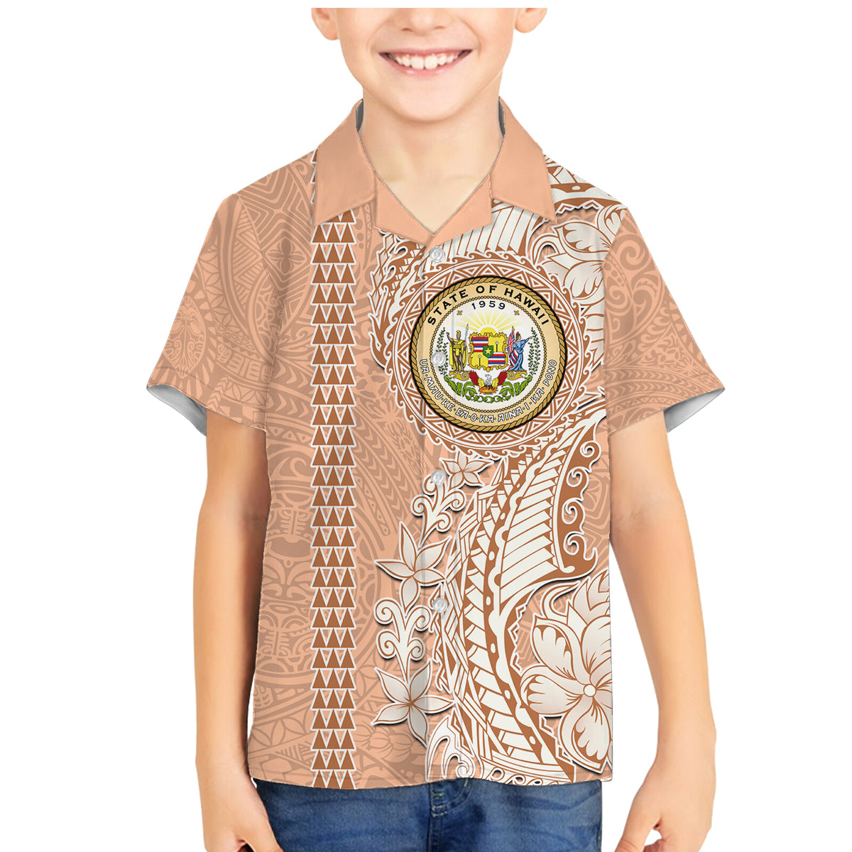Hawaii Tropical Flowers with Kakau Tribal Family Matching Mermaid Dress and Hawaiian Shirt Peach Fuzz Color LT03 Son's Shirt Peach Fuzz - Polynesian Pride