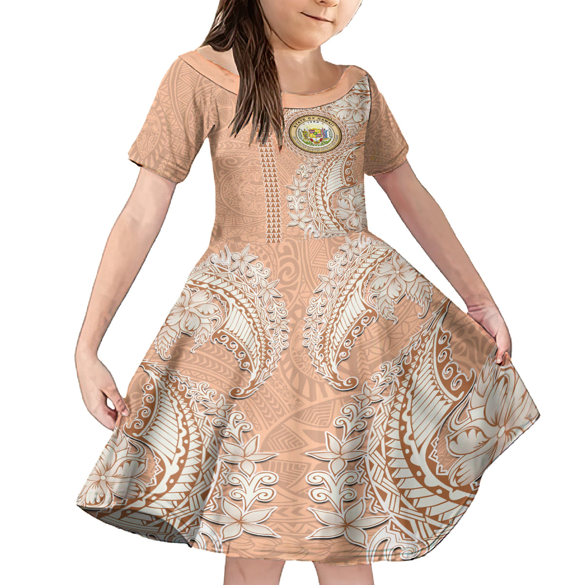 Hawaii Tropical Flowers with Kakau Tribal Family Matching Off Shoulder Maxi Dress and Hawaiian Shirt Peach Fuzz Color LT03 Daughter's Dress Peach Fuzz - Polynesian Pride
