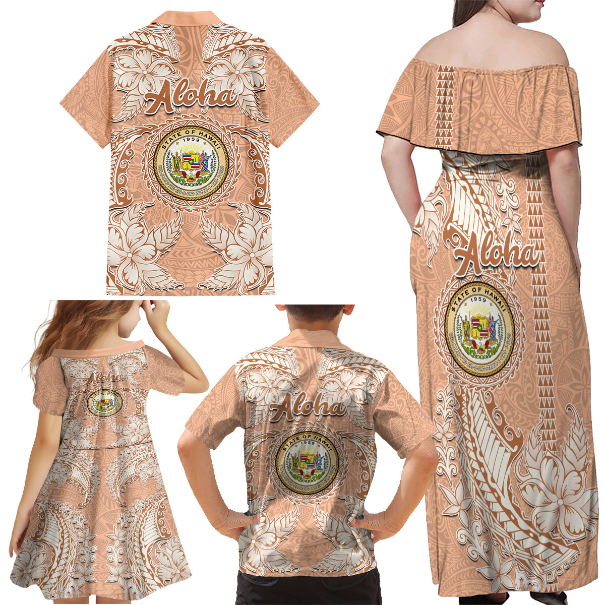 Hawaii Tropical Flowers with Kakau Tribal Family Matching Off Shoulder Maxi Dress and Hawaiian Shirt Peach Fuzz Color LT03 - Polynesian Pride