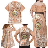 Hawaii Tropical Flowers with Kakau Tribal Family Matching Off Shoulder Maxi Dress and Hawaiian Shirt Peach Fuzz Color LT03 - Polynesian Pride