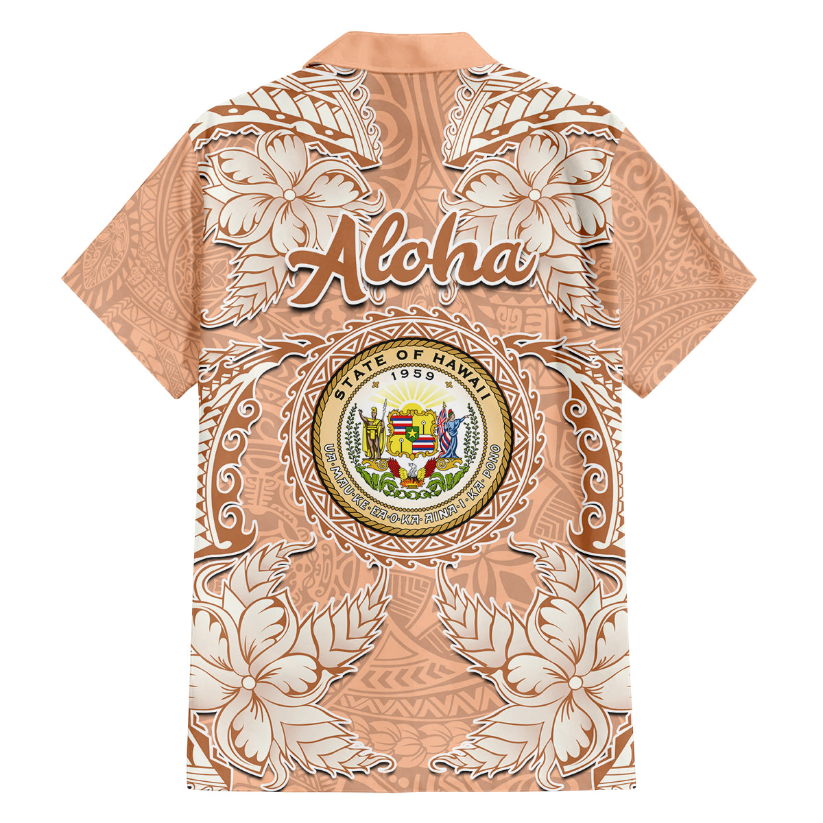 Hawaii Tropical Flowers with Kakau Tribal Family Matching Puletasi Dress and Hawaiian Shirt Peach Fuzz Color LT03 - Polynesian Pride