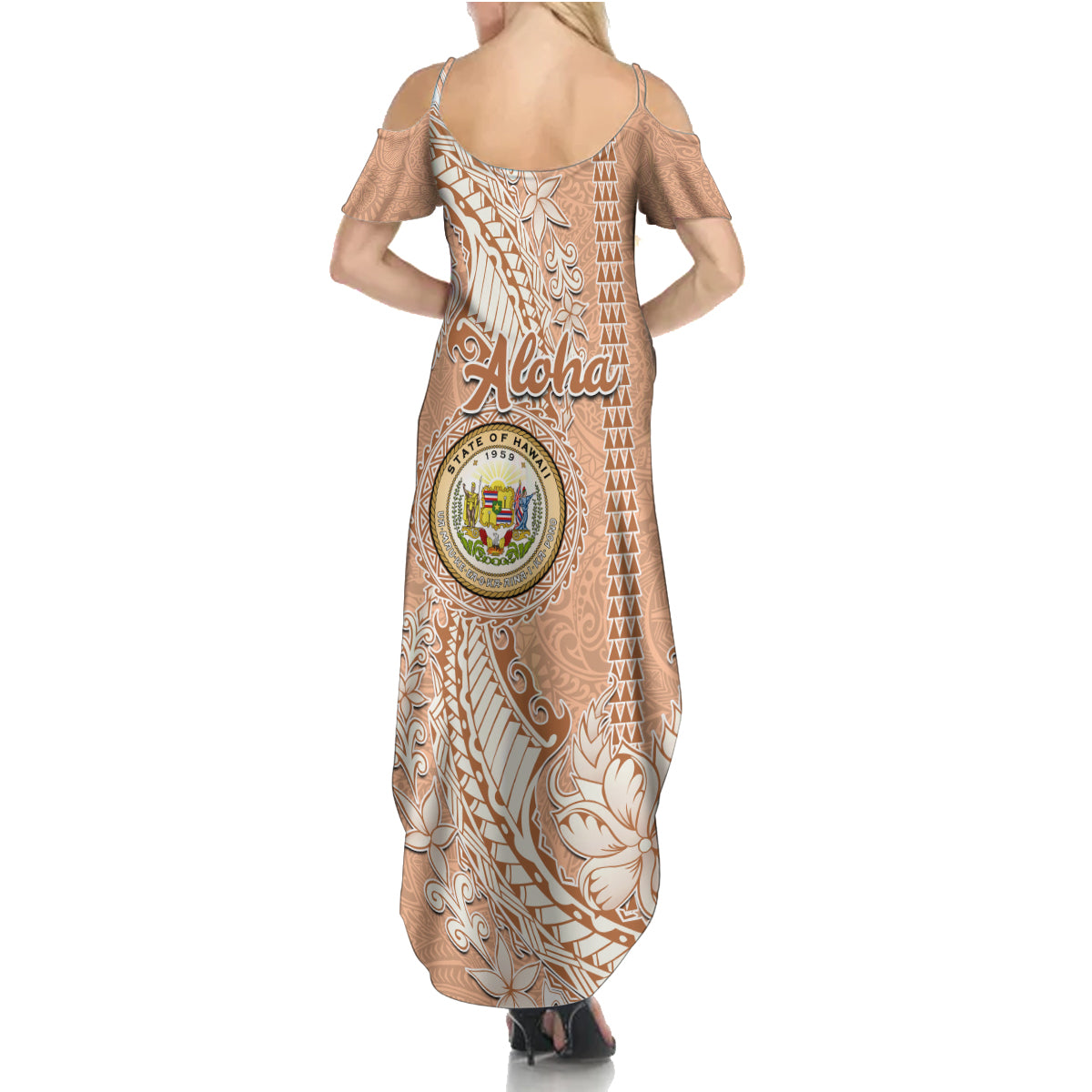 Hawaii Tropical Flowers with Kakau Tribal Family Matching Summer Maxi Dress and Hawaiian Shirt Peach Fuzz Color LT03 - Polynesian Pride