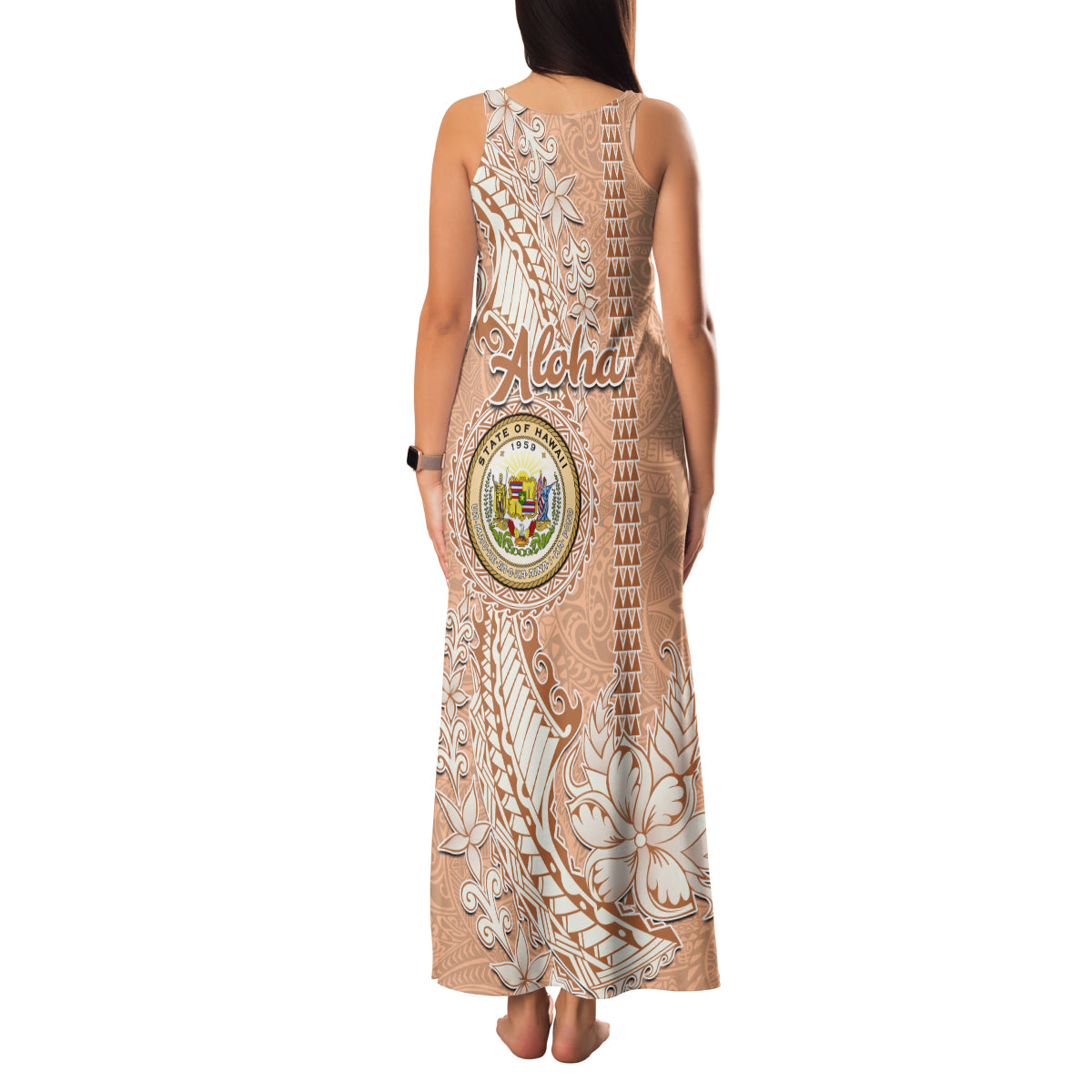 Hawaii Tropical Flowers with Kakau Tribal Family Matching Tank Maxi Dress and Hawaiian Shirt Peach Fuzz Color LT03 - Polynesian Pride
