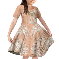 Hawaii Tropical Flowers with Kakau Tribal Kid Short Sleeve Dress Peach Fuzz Color LT03 KID Peach Fuzz - Polynesian Pride