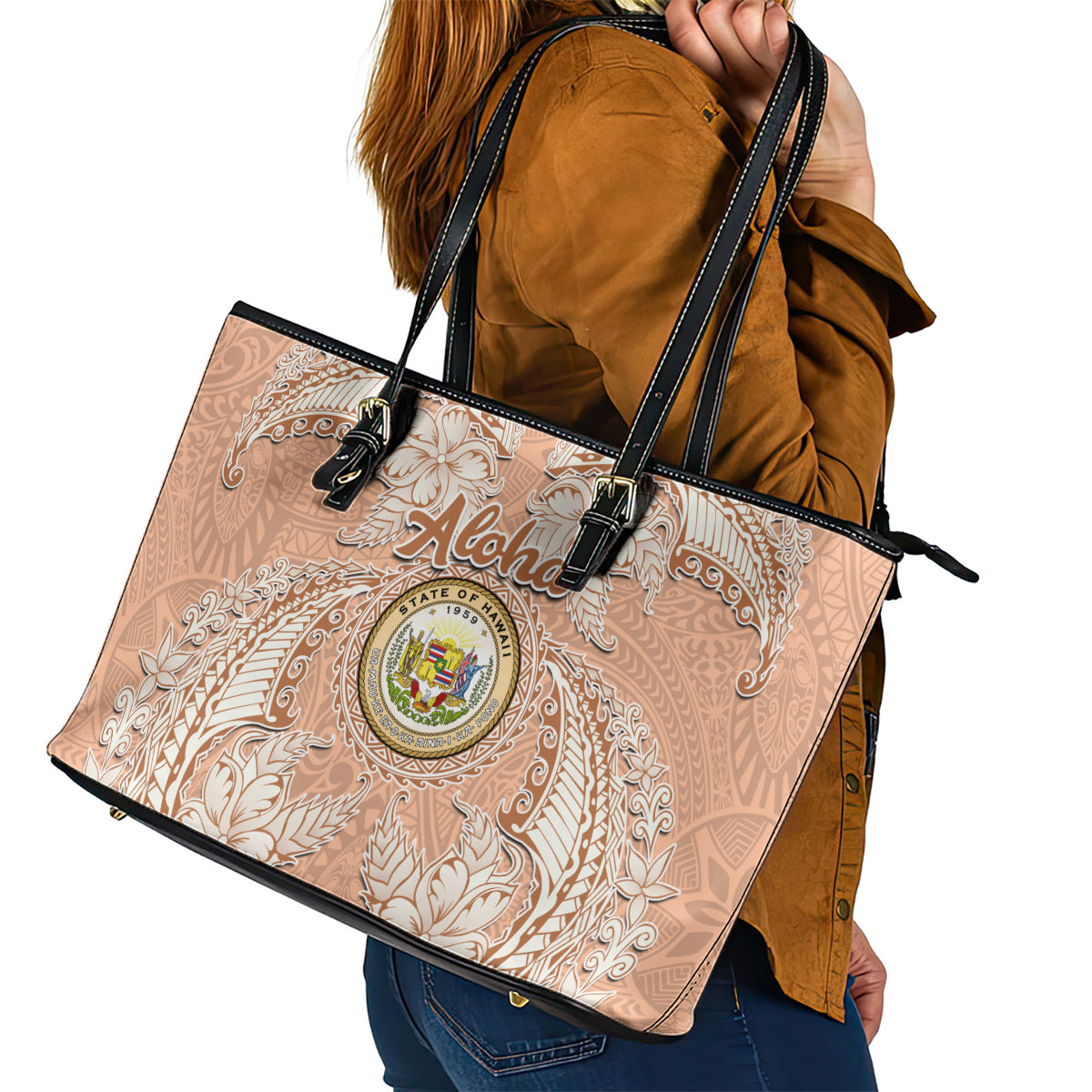 Hawaii Tropical Flowers with Kakau Tribal Leather Tote Bag Peach Fuzz Color LT03 - Polynesian Pride