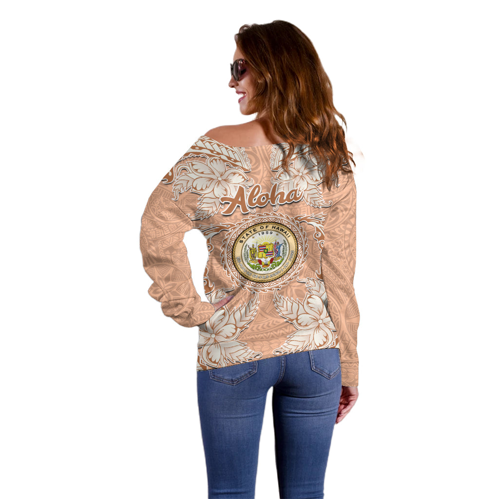 Hawaii Tropical Flowers with Kakau Tribal Off Shoulder Sweater Peach Fuzz Color LT03 - Polynesian Pride