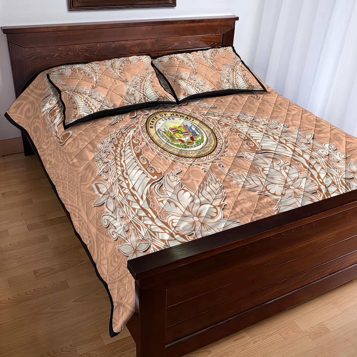 Hawaii Tropical Flowers with Kakau Tribal Quilt Bed Set Peach Fuzz Color LT03 - Polynesian Pride