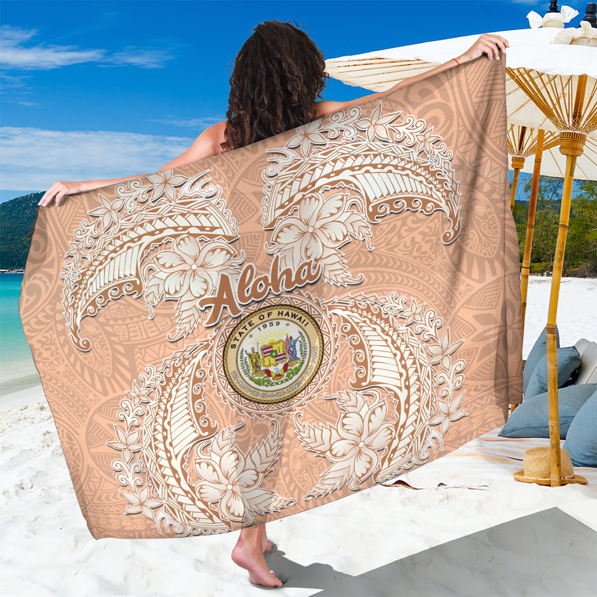Hawaii Tropical Flowers with Kakau Tribal Sarong Peach Fuzz Color LT03 One Size 44 x 66 inches Peach Fuzz - Polynesian Pride