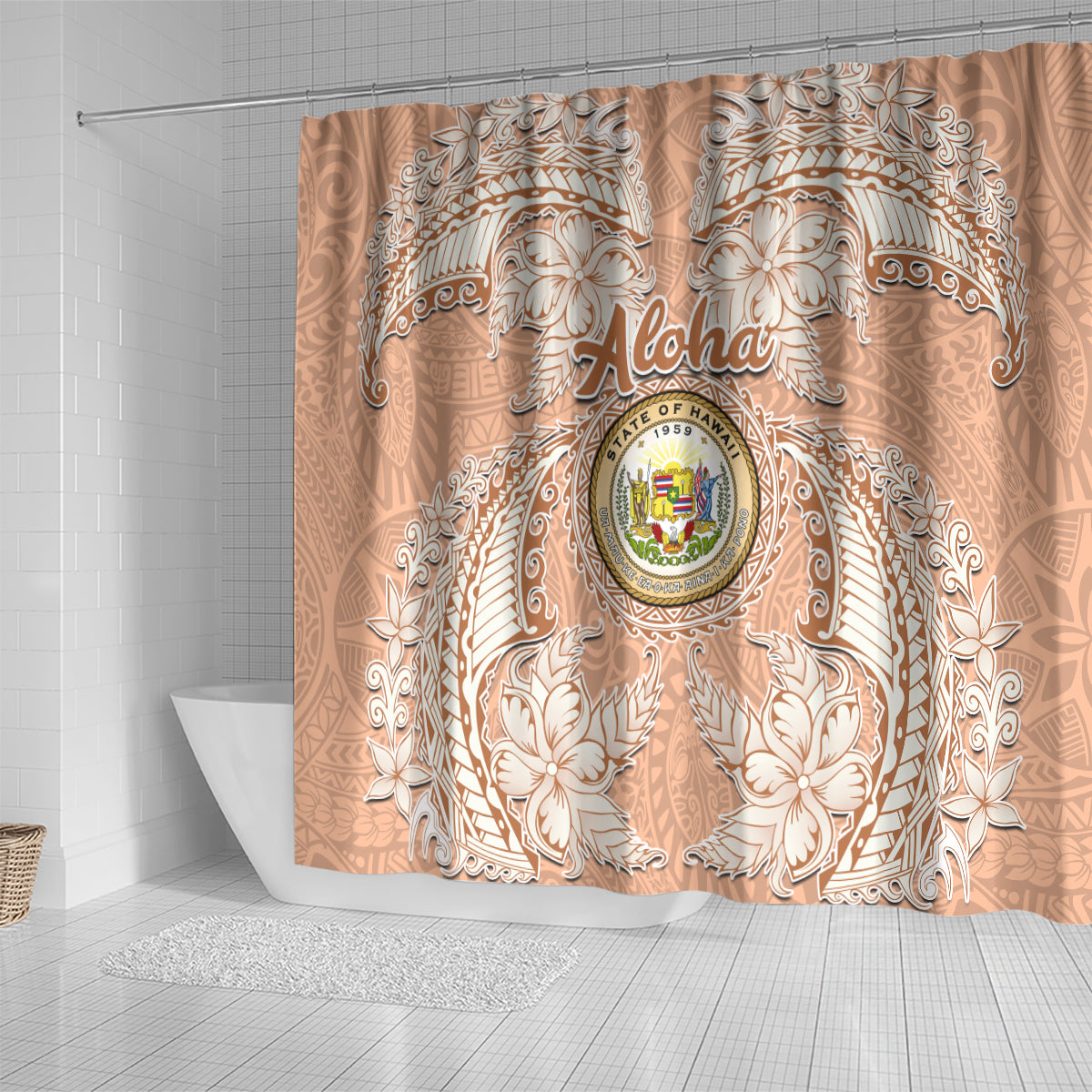 Hawaii Tropical Flowers with Kakau Tribal Shower Curtain Peach Fuzz Color LT03 - Polynesian Pride